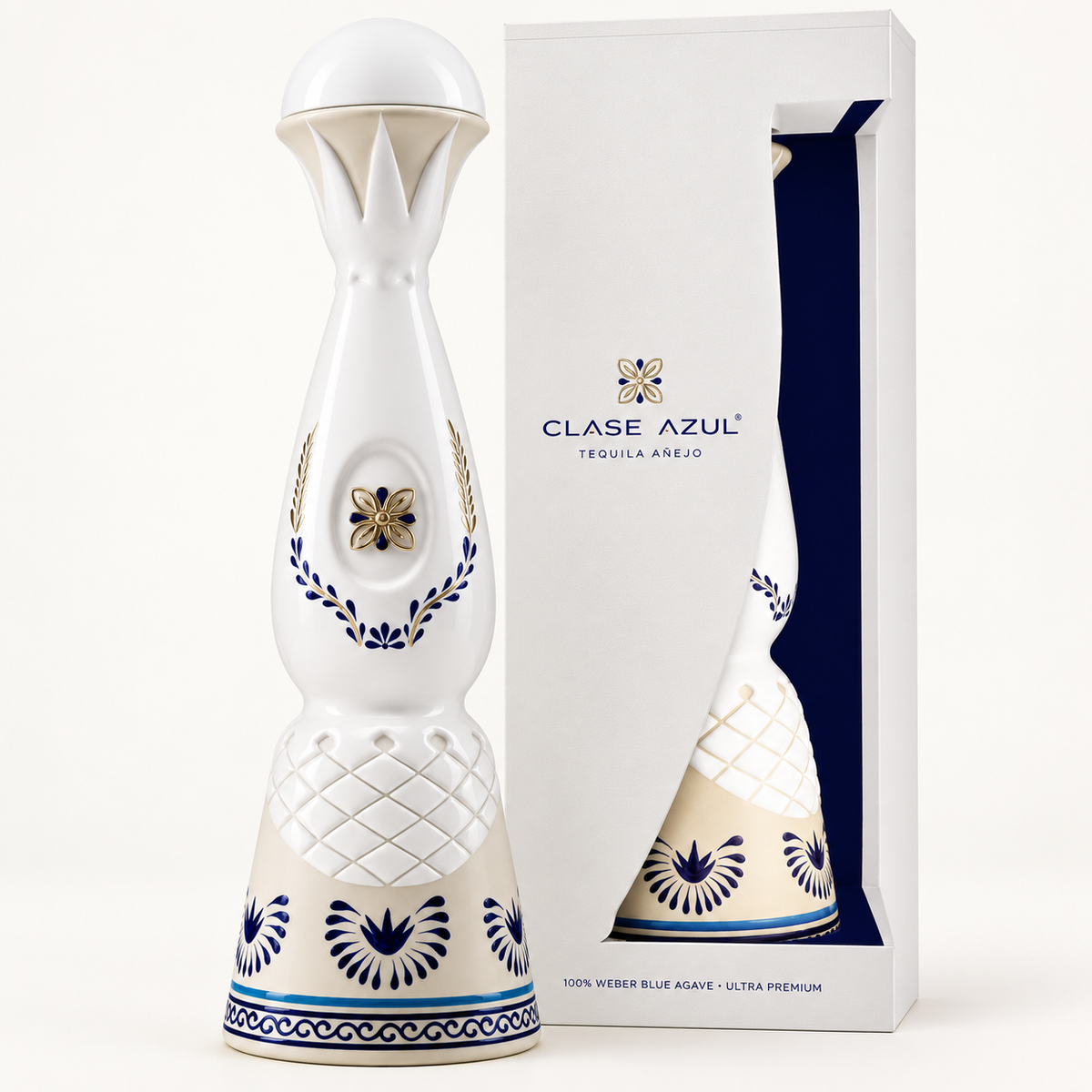 Clase Azul Tequila Añejo white ceramic decanter and original presentation box on white background, square product image 1:1
