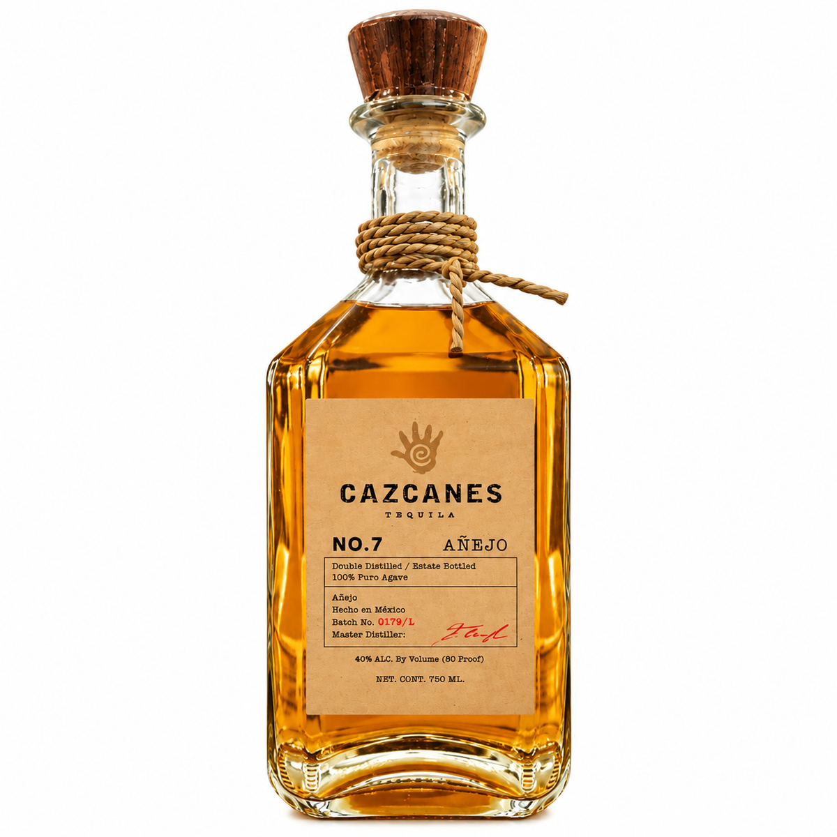 Cazcanes No. 7 Añejo tequila bottle alone on clean white background
