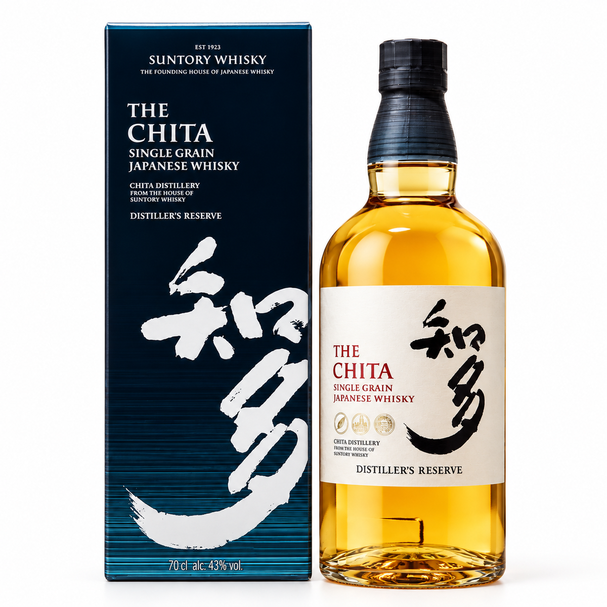 The Chita single grain Japanese whisky bottle and box on white background, 1:1