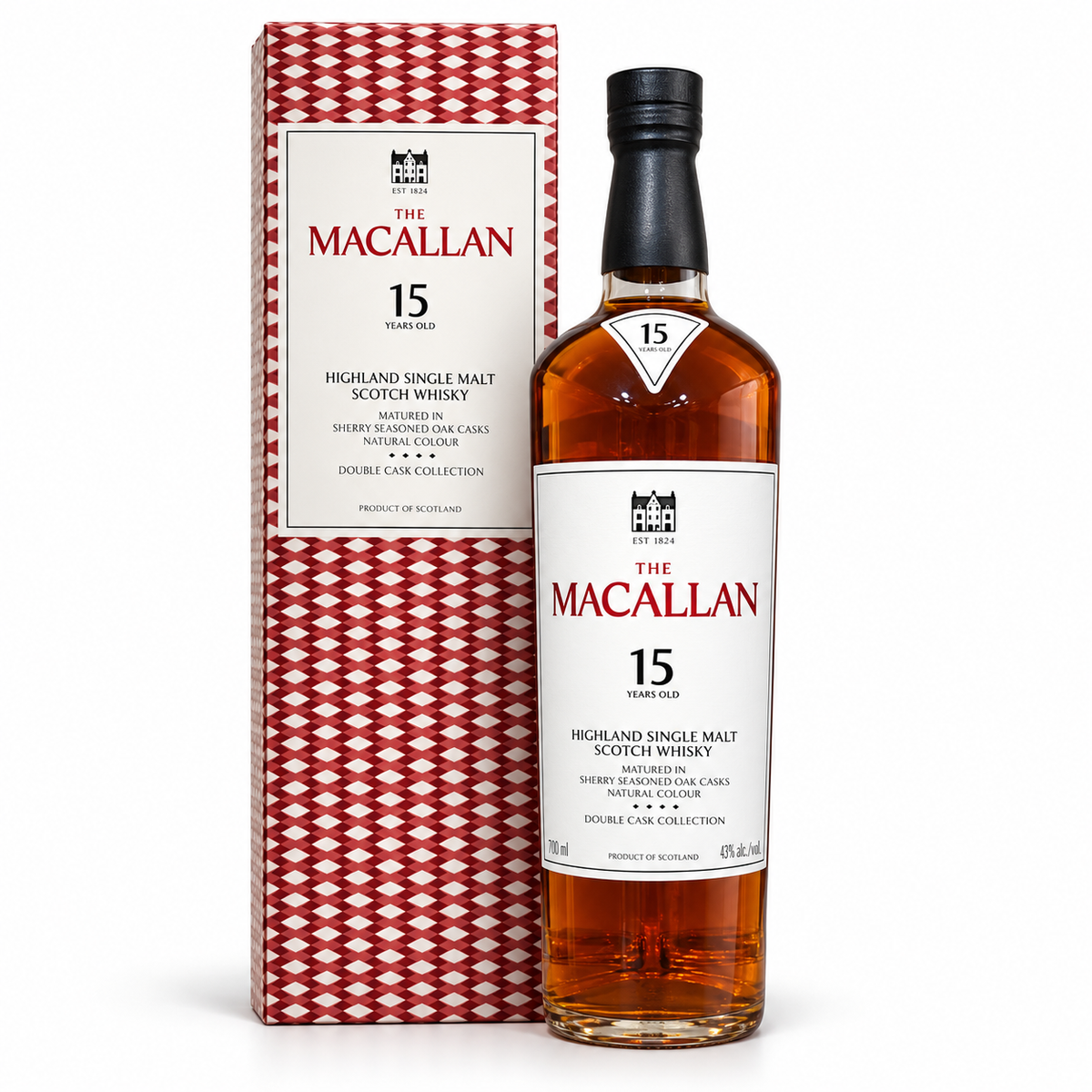 Macallan 15 Double Cask bottle and original packaging on plain white background
