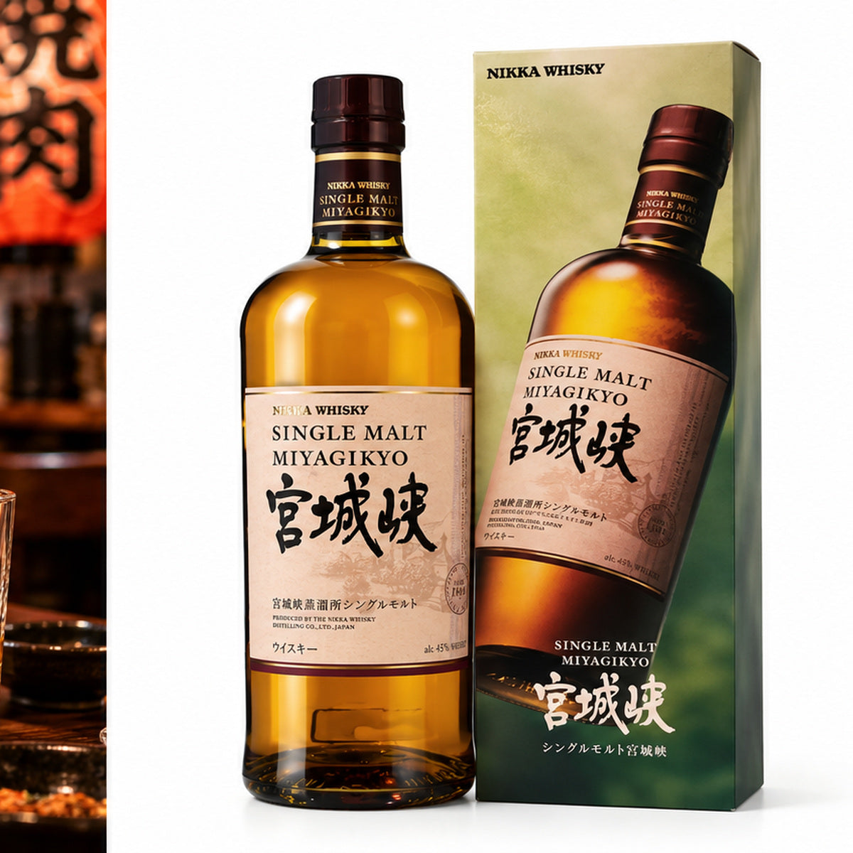 Nikka Miyagikyo Single Malt Japanese Whisky bottle and box on white background, square format