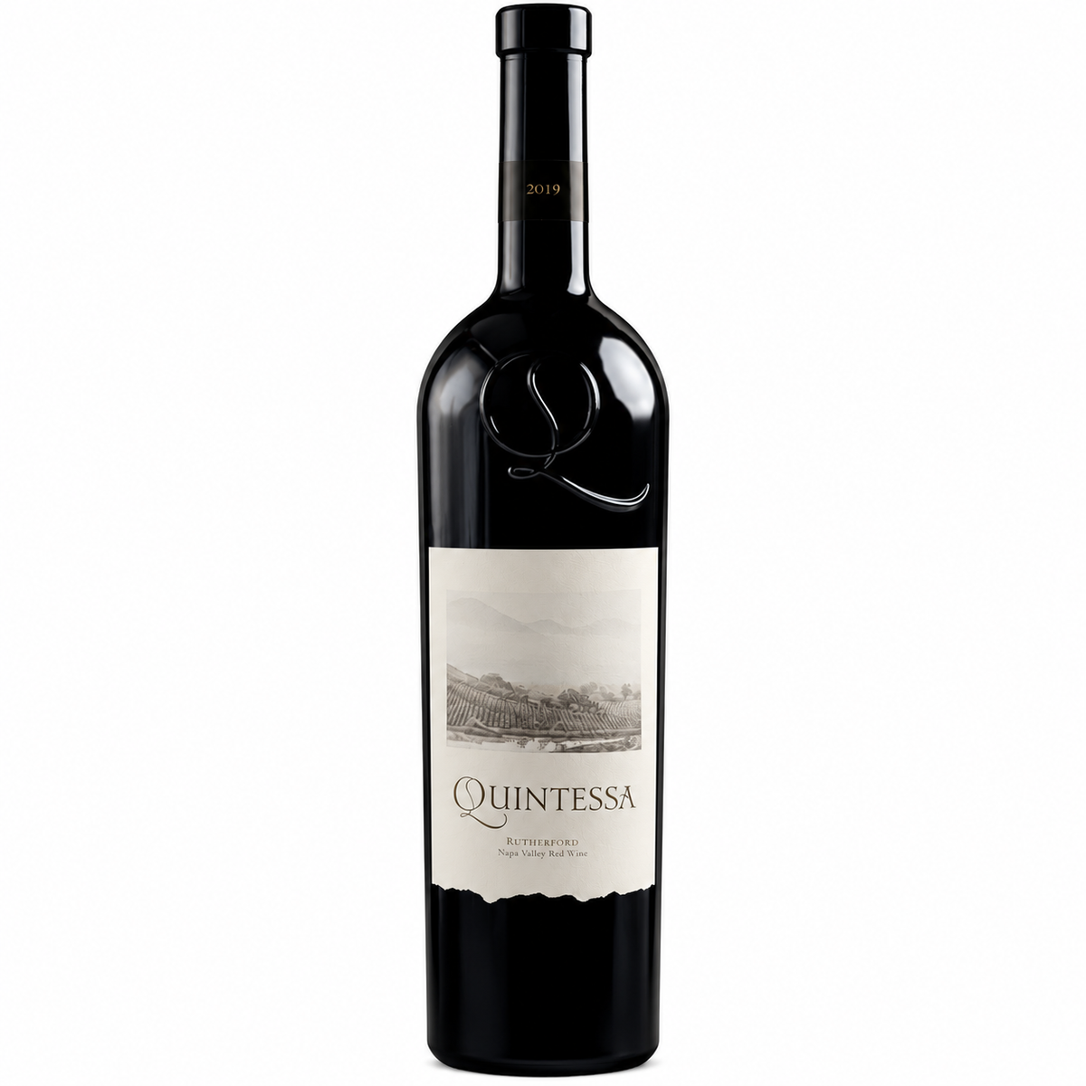 Quintessa 2019 bottle alone on clean white background, square image