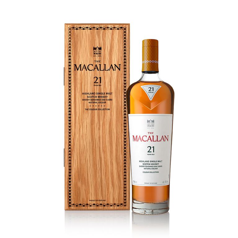 Macallan 21 Year Old Colour Collection bottle and wooden presentation box on a white background