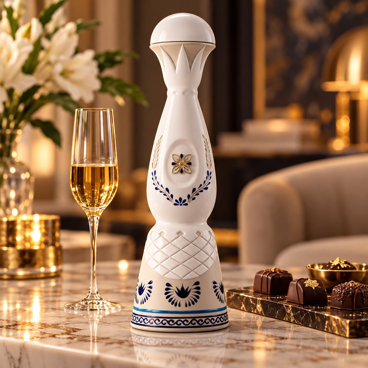 Clase Azul Tequila Añejo ceramic decanter on a marble table, with a flute glass and fine dark chocolates, luxury lifestyle image 1:1