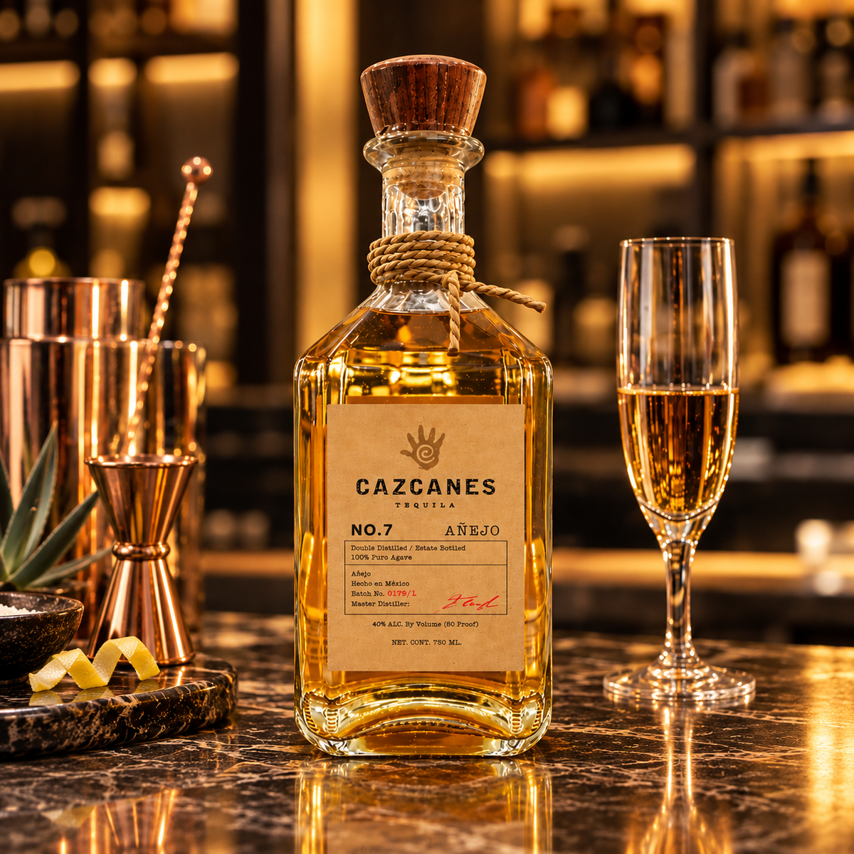Cazcanes No. 7 Añejo tequila with flute and bar tools in square luxury bar scene