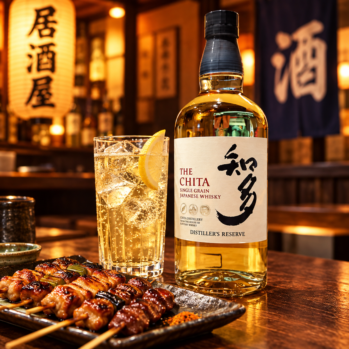 The Chita whisky in Japanese izakaya with yakitori and highball, 1:1