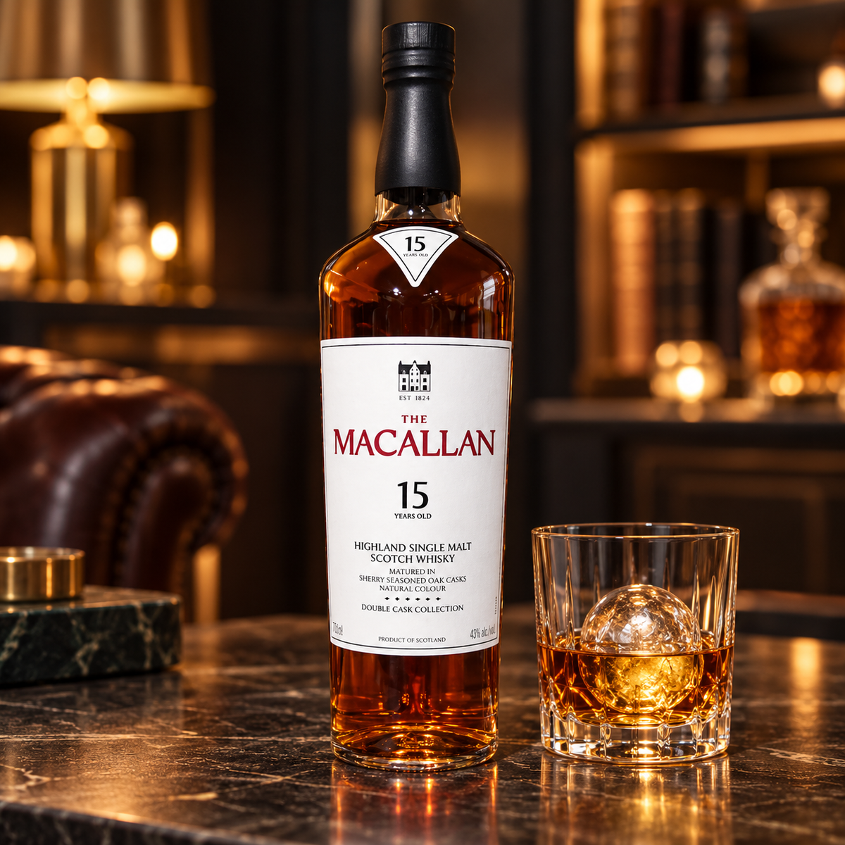 Macallan 15 Double Cask solo bottle with whisky glass and spherical ice