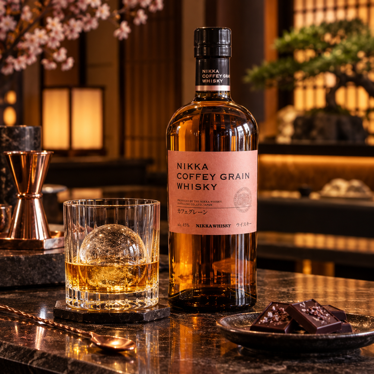 Nikka Coffey Grain Whisky in Japanese bar with chocolate and whisky on sphere ice, 1:1