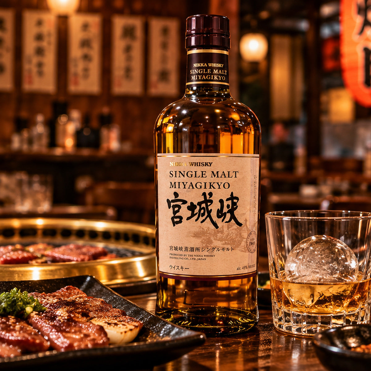 Nikka Miyagikyo single malt bottle in Japanese izakaya with yakiniku and quarter-filled whisky glass with sphere ice, square format