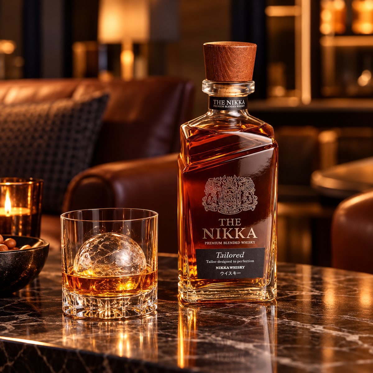The Nikka Tailored with a quarter-filled whisky glass and large sphere ice in a warm lounge, 1:1