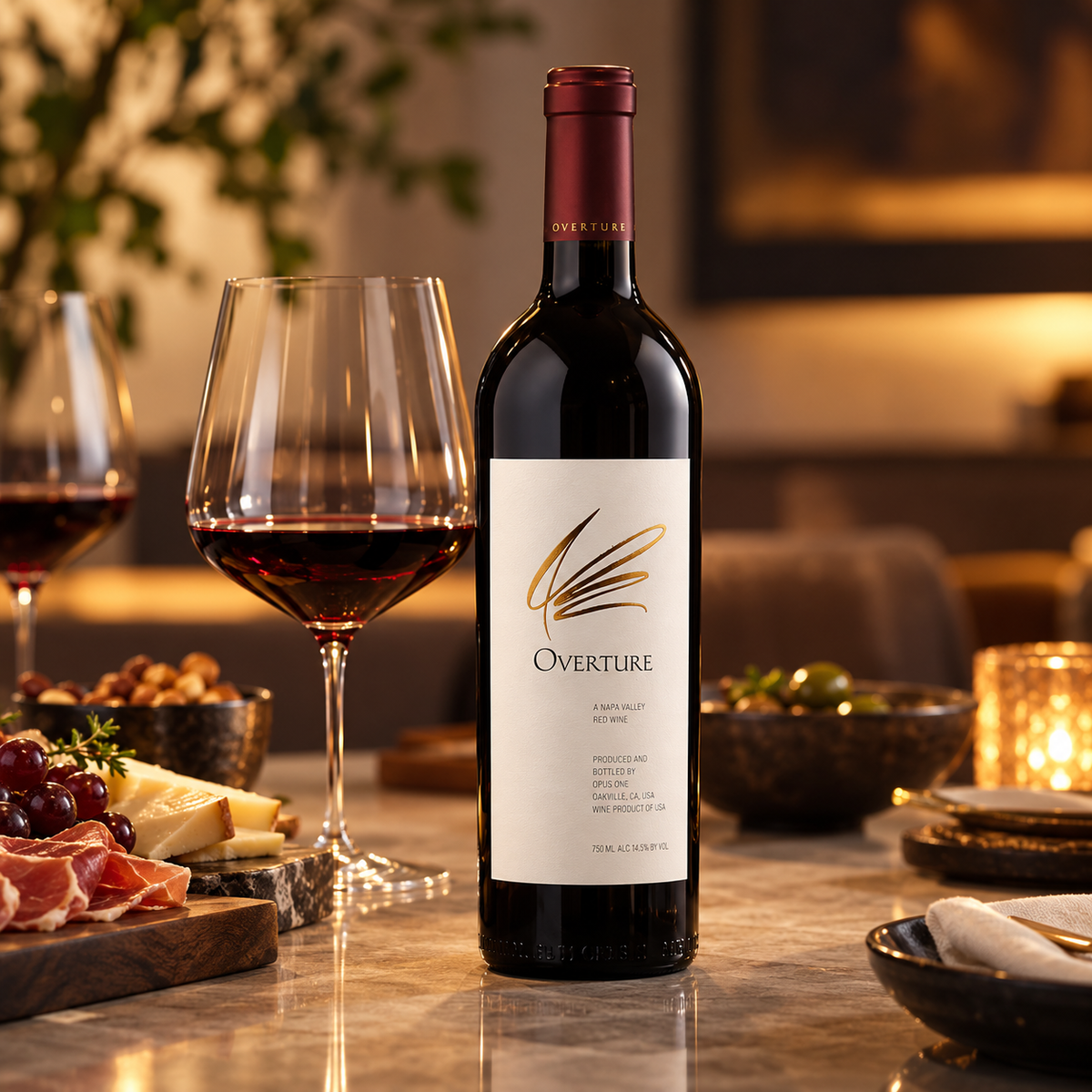 Overture 2022 red wine with glass and charcuterie on a subtle warm table setting, square image