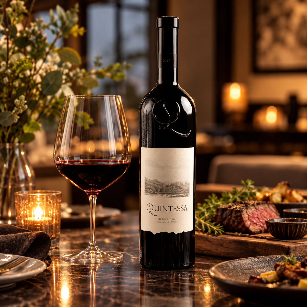 Quintessa 2019 with red wine glass in elegant candlelit dining setting, square image
