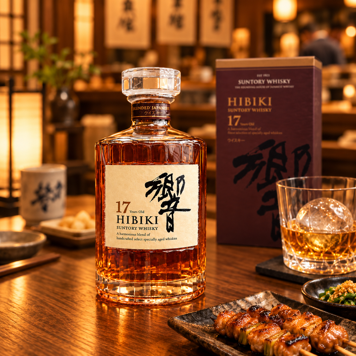 Hibiki 17 Japanese whisky on izakaya table with yakitori and whisky glass, luxury lifestyle 1:1